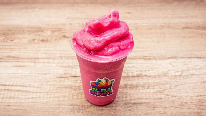Pink N Da Bowl smoothie with the logo sticker